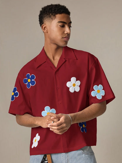 Herre kortermet fritidsskjorte med blomsterapplikasjoner – Moderne camp-krage design for hverdag og sommer