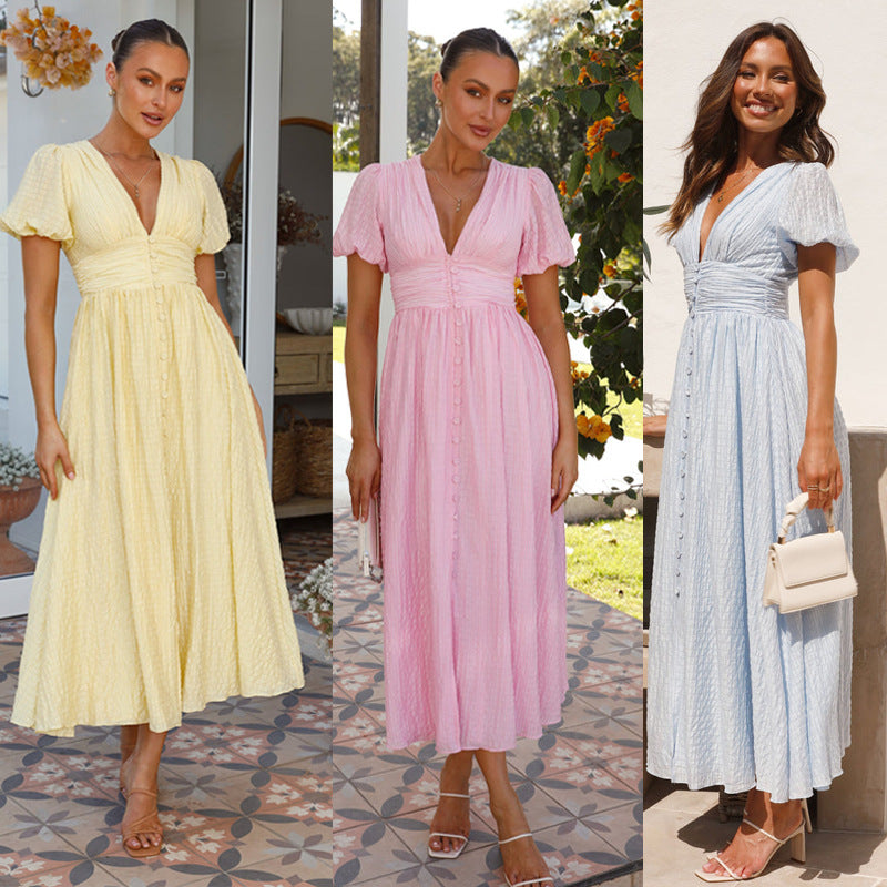 Dames Zomer Midijurk met V-hals en Korte Mouwen – Elegante Vrijetijdsjurk voor Dagelijks Gebruik en Speciale Gelegenheden