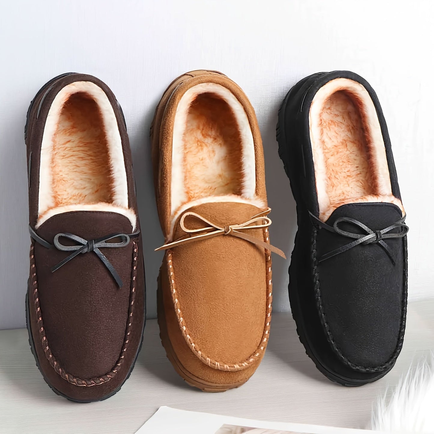 Mokassin Hausschuhe Herren, gefüttert, warm, Braun/Beige/Schwarz