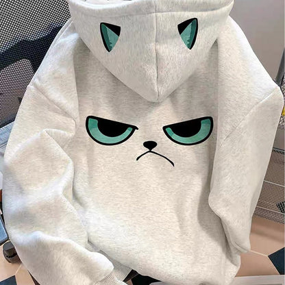 Hoodie Katze Grau mit Kapuze Ohren und Grumpy-Print