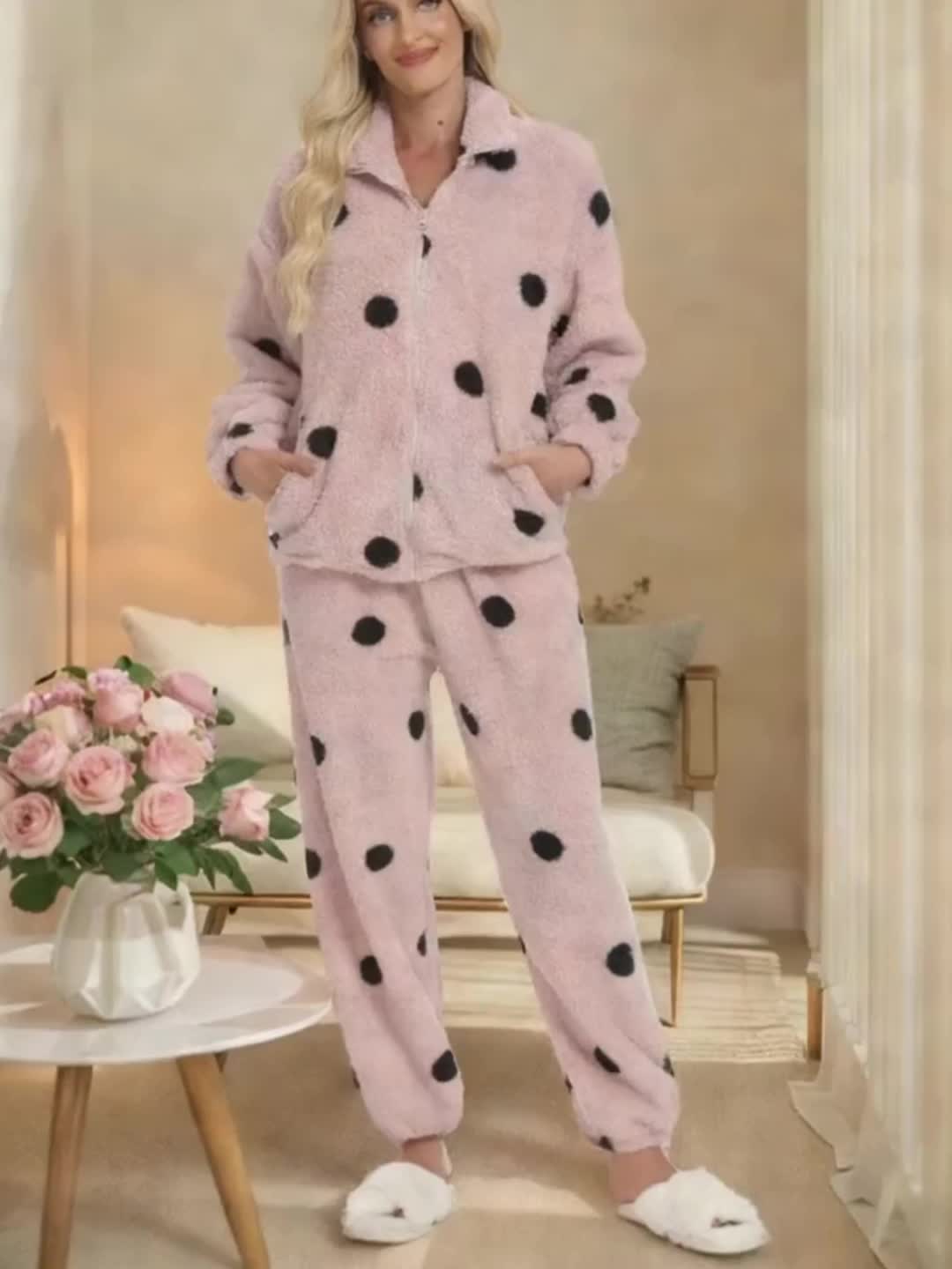 Beżowy zestaw piżamy z polaru teddy w kropki, z zamkiem błyskawicznym