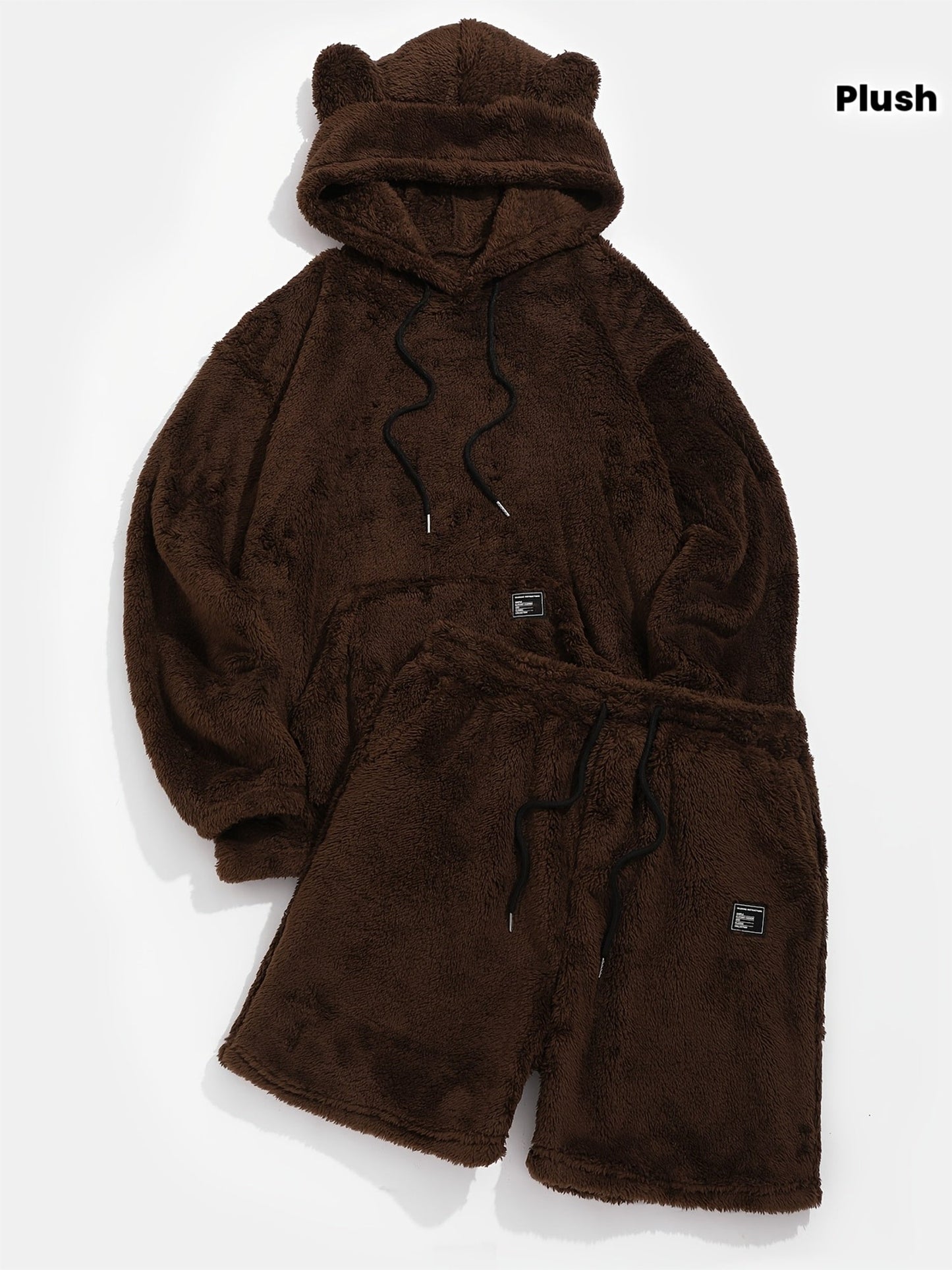 Plüsch Hoodie & Shorts Set mit Bärenohren, Braun