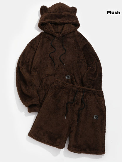 Plüsch Hoodie & Shorts Set mit Bärenohren, Braun