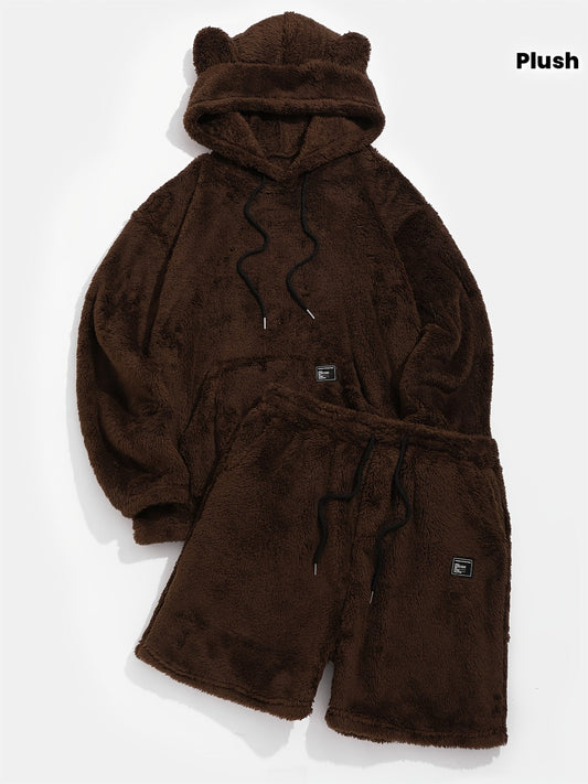 Ensemble sweat à capuche et short en peluche avec oreilles d’ours, marron
