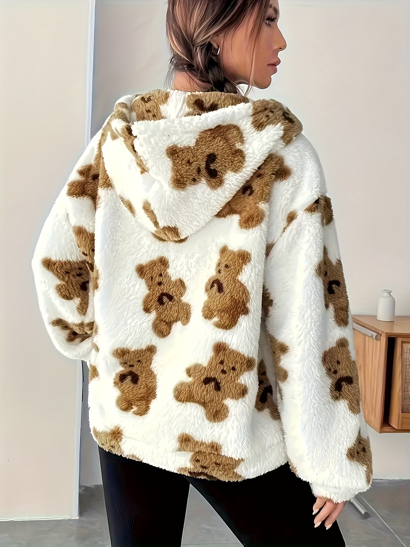 Sudadera con capucha de osito de peluche, blanca con estampado marrón