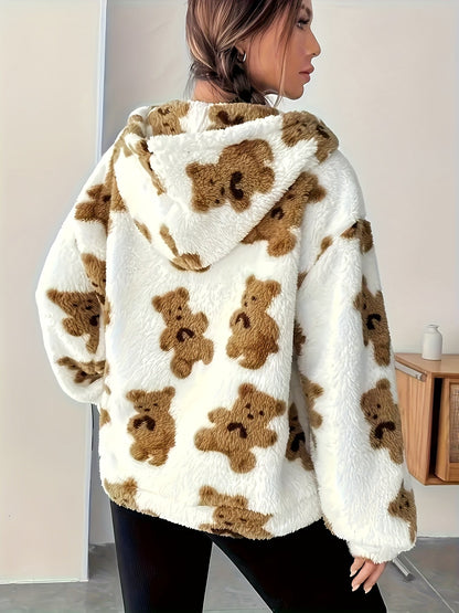 Sudadera con capucha de osito de peluche, blanca con estampado marrón