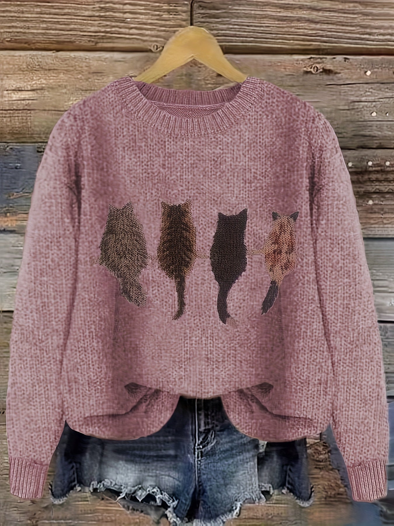 Damen Strickpullover mit Rundhalsausschnitt und Katzen-Print