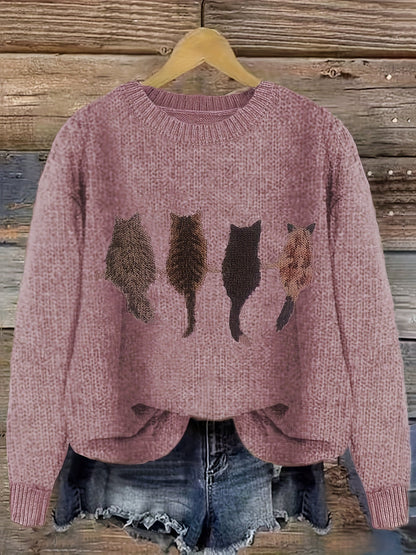 Damen Strickpullover mit Rundhalsausschnitt und Katzen-Print