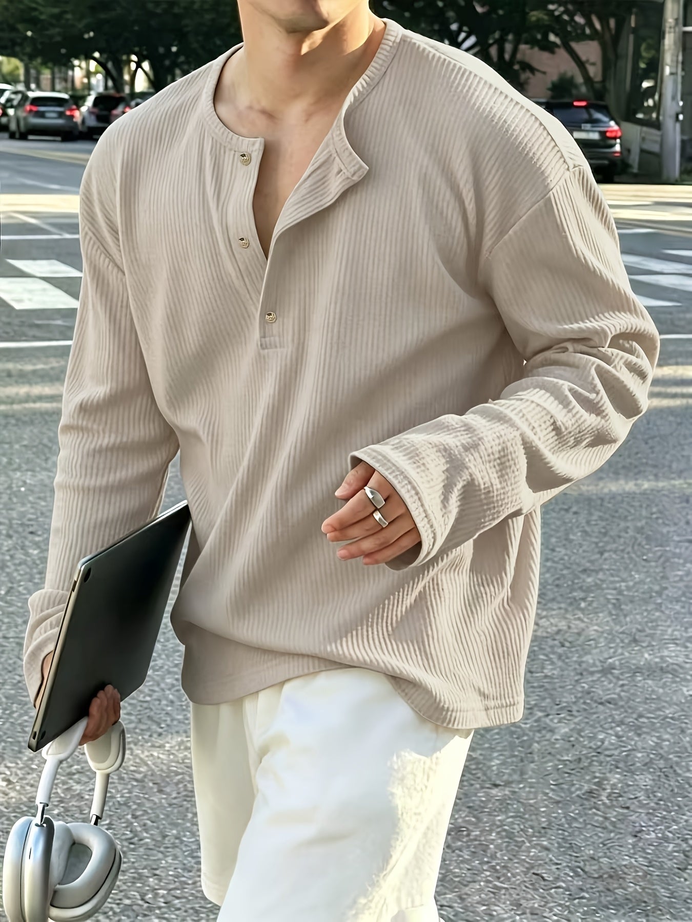 Camiseta de manga larga para hombre, de punto acanalado, con cuello Henley, informal