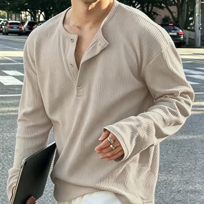 Camiseta de manga larga para hombre, de punto acanalado, con cuello Henley, informal