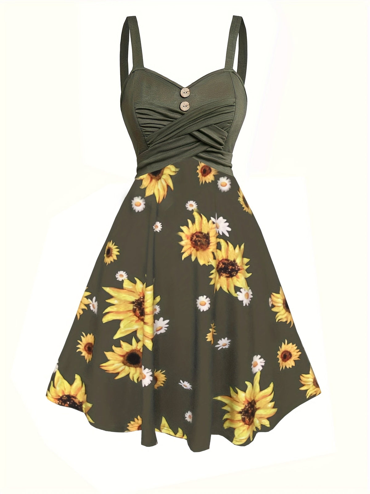 Damen Vintage Sommerkleid mit Sonnenblumenmuster und Knopfleiste – Elegantes Freizeitkleid für Frühling und Sommer