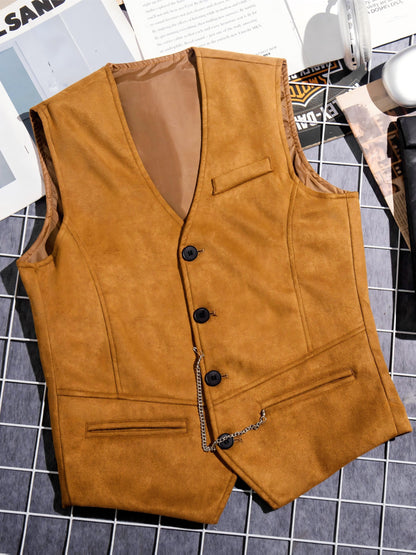 Herren Weste mit V-Ausschnitt, Knöpfen und Kette, Unifarben, Slim Fit