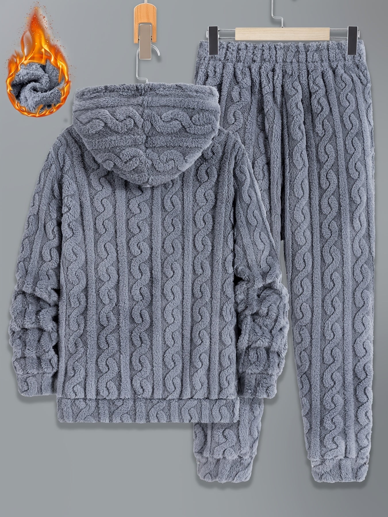 Herren Plüsch Loungewear Set mit Kapuzenpullover und Hose, Zopfmuster, Schwarz