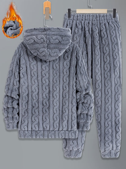 Herren Plüsch Loungewear Set mit Kapuzenpullover und Hose, Zopfmuster, Schwarz