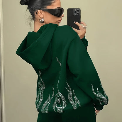 Hoodie met capuchon en strass-vlammenpatroon, zwart