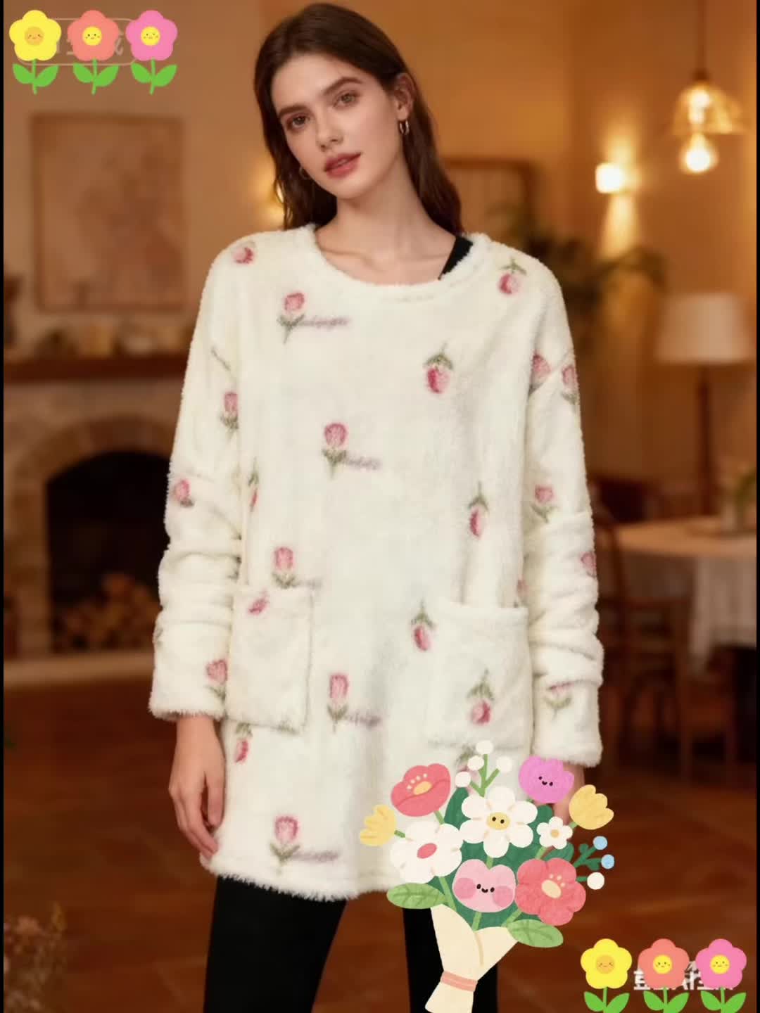 Camicia da notte da donna in peluche, a maniche lunghe, con scollo rotondo, tasche e ricami floreali