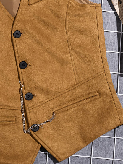 Herren Weste mit V-Ausschnitt, Knöpfen und Kette, Unifarben, Slim Fit