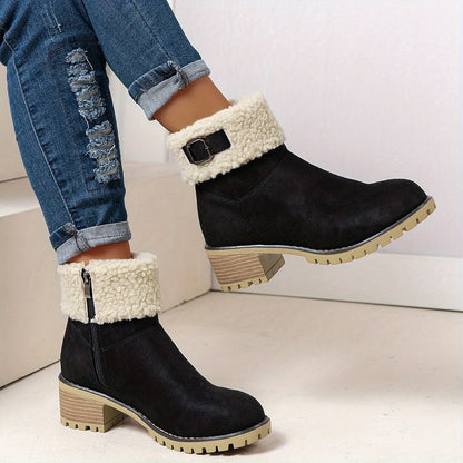 Damen Stiefeletten mit Blockabsatz, Plüschrand und Schnalle, Braun