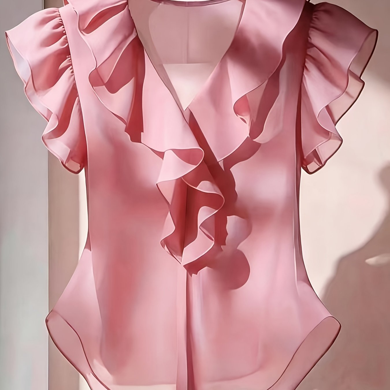 Damevolantbluse med V-hals og volanger – Elegant chiffongbluse for kontor og kveld