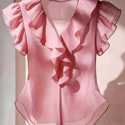 Damevolantbluse med V-hals og volanger – Elegant chiffongbluse for kontor og kveld