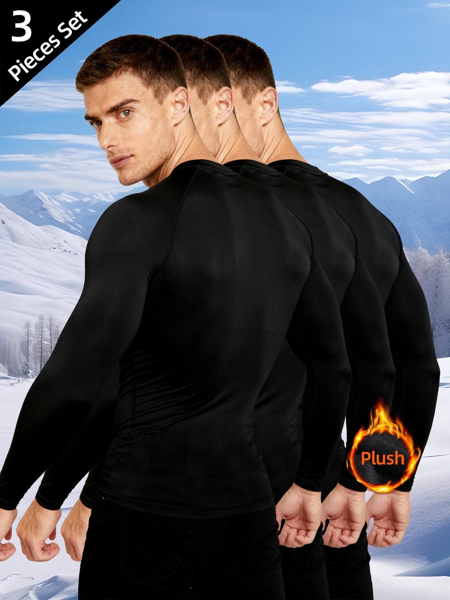 Maglie termiche da uomo a maniche lunghe nere, confezione da 3 pezzi