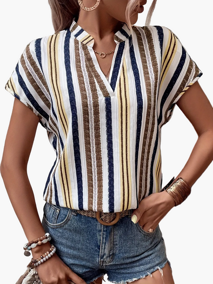 Dame elegant sommerbluse med stripemønster og V-hals – Perfekt for fritid og hverdag
