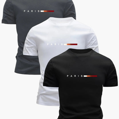 Set da 3 T-shirt da uomo – Stampa moderna di Parigi, tempo libero e sport, manica corta, girocollo