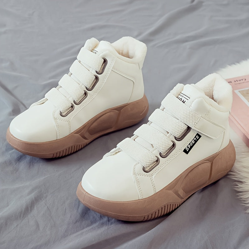 Dames wintersneakers, enkelhoog, warm gevoerd, plateauzool, klittenbandsluiting, zwart, wit, beige