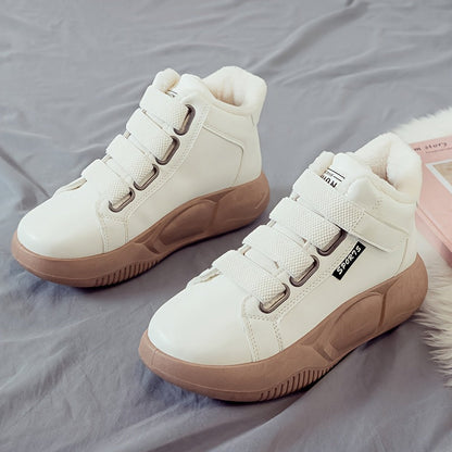 Dames wintersneakers, enkelhoog, warm gevoerd, plateauzool, klittenbandsluiting, zwart, wit, beige