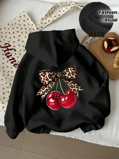 Zwarte dameshoodie met strikprint van kersen en luipaardmotief, casual hoodie met capuchon