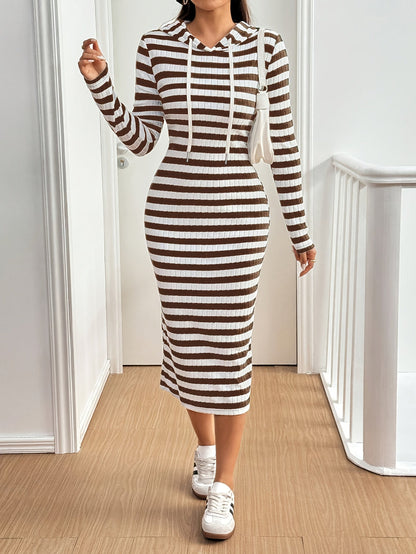 Damen Midi Kapuzenkleid gestreift Rippstrick Weiß Schwarz