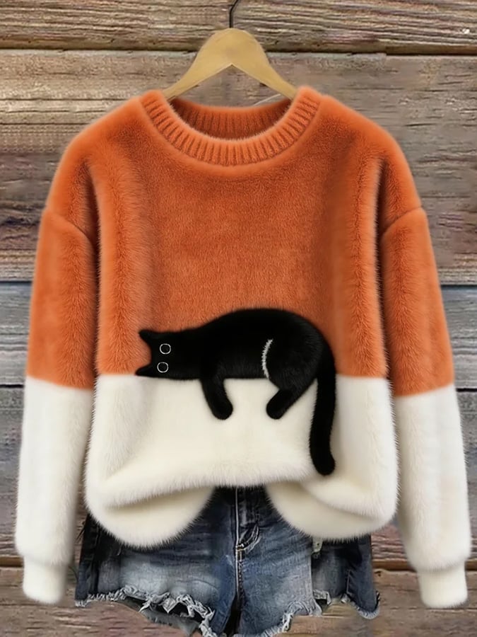 Oversized trui voor dames met colorblock-design en kattenmotief