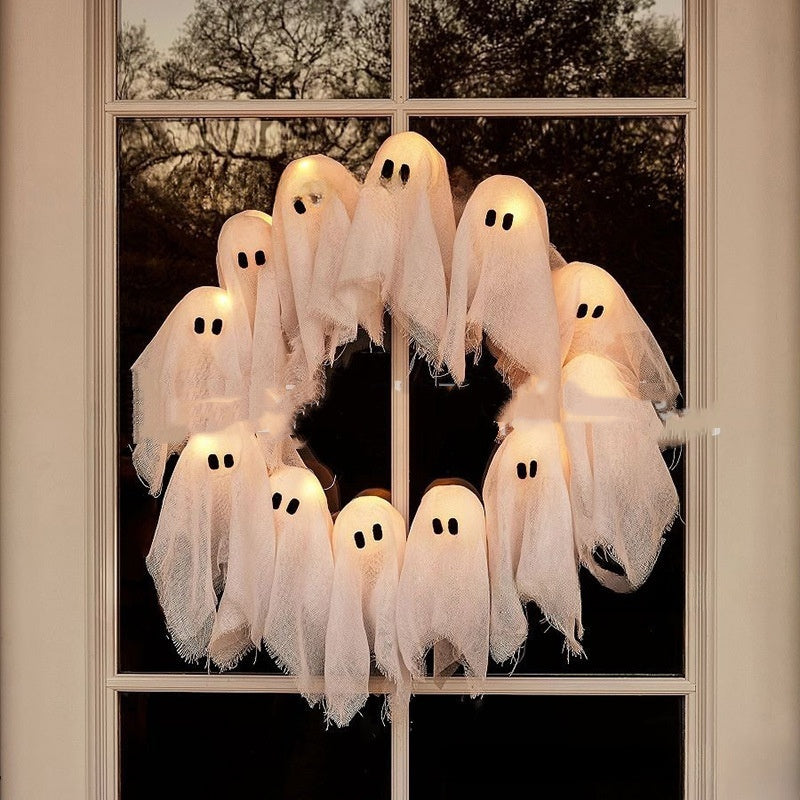 Couronne de porte Halloween avec lumières fantômes – Décoration pour fêtes Halloween et maison hantée