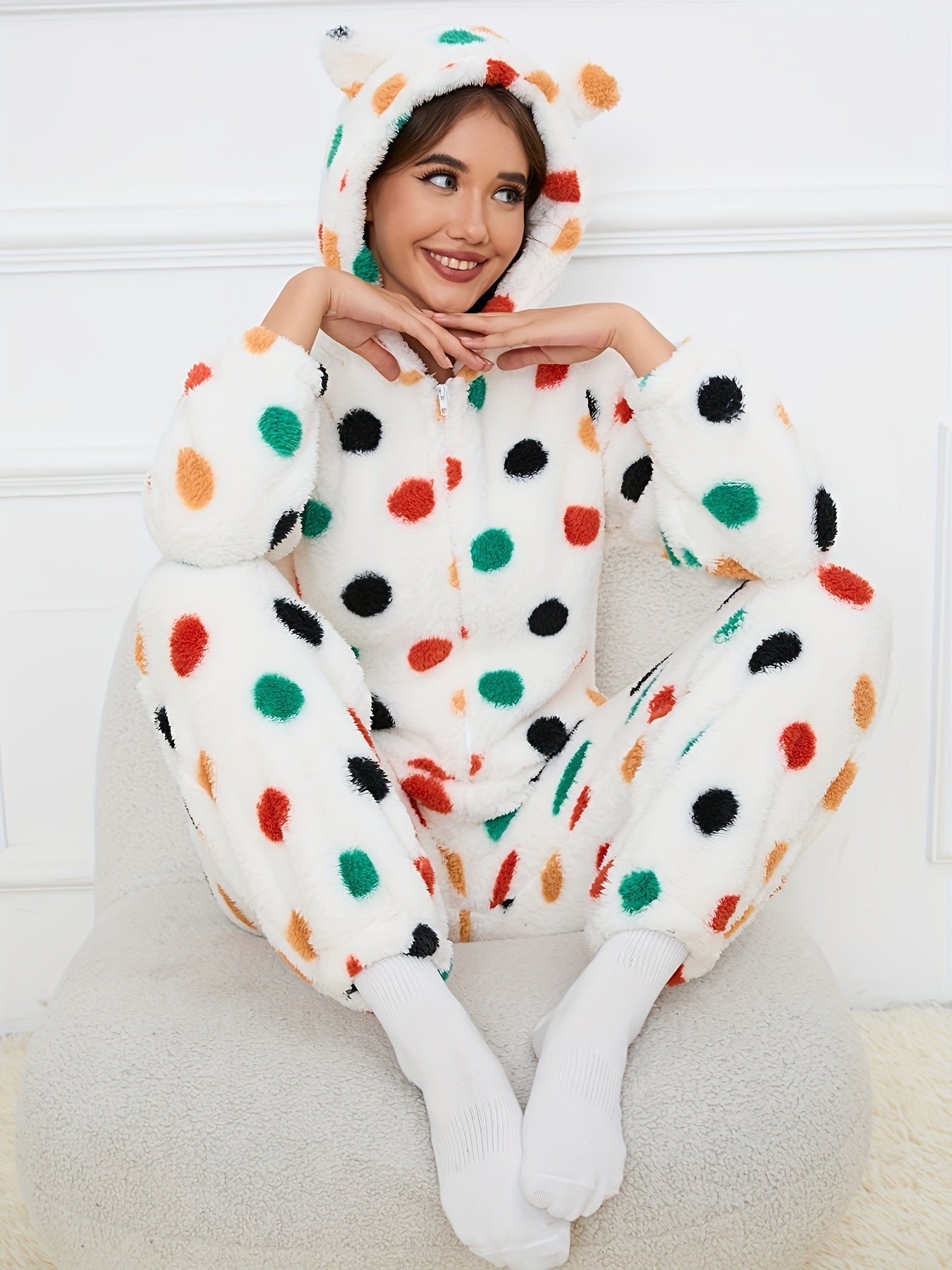 Damen Flauschiger Onesie mit Kapuze & Teddybär-Muster Rosa