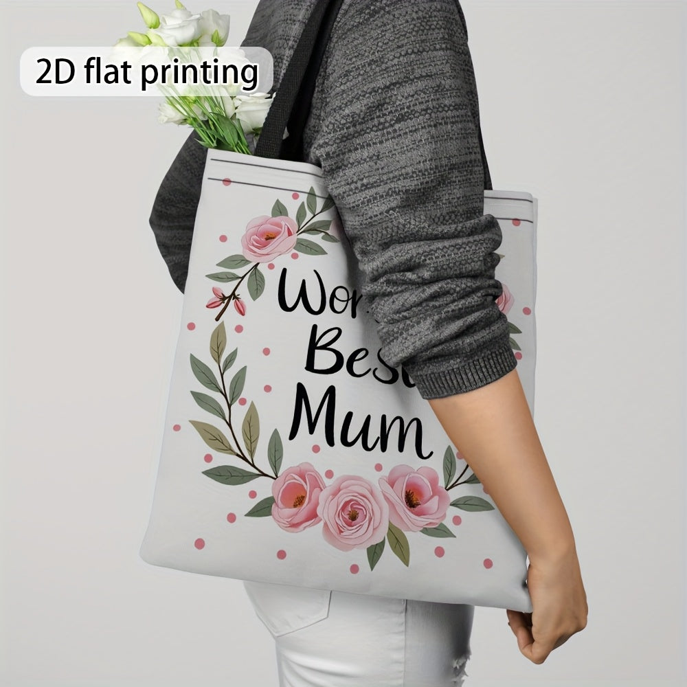 Damen Shopper Tasche – Stilvolle Tragetasche mit Blumenkranz und Aufschrift 'World's Best Mum' – Perfektes Geschenk für Mütter