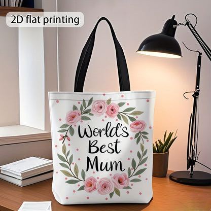 Damen Shopper Tasche – Stilvolle Tragetasche mit Blumenkranz und Aufschrift 'World's Best Mum' – Perfektes Geschenk für Mütter