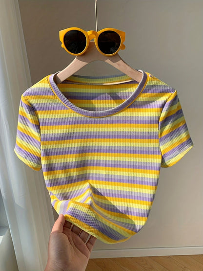 T-shirt donna a maniche corte in maglia a coste con motivo a righe retrò – tempo libero & estate