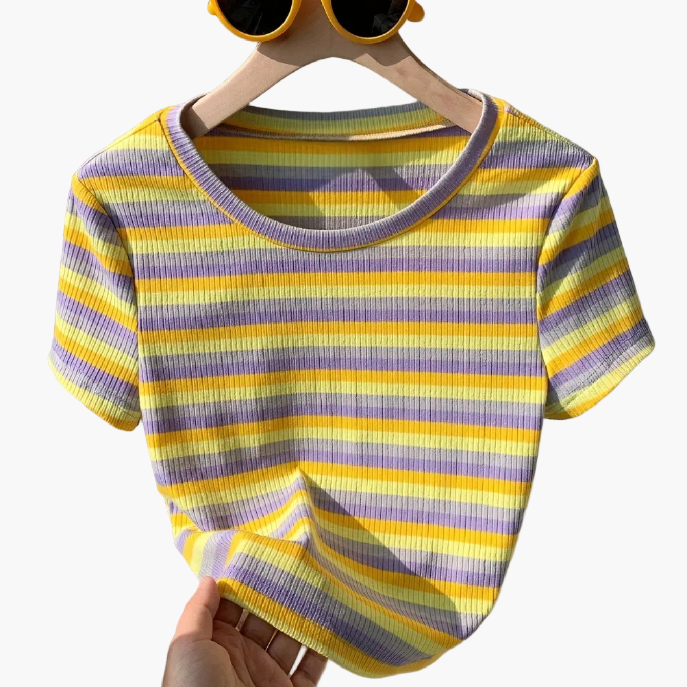 T-shirt donna a maniche corte in maglia a coste con motivo a righe retrò – tempo libero & estate
