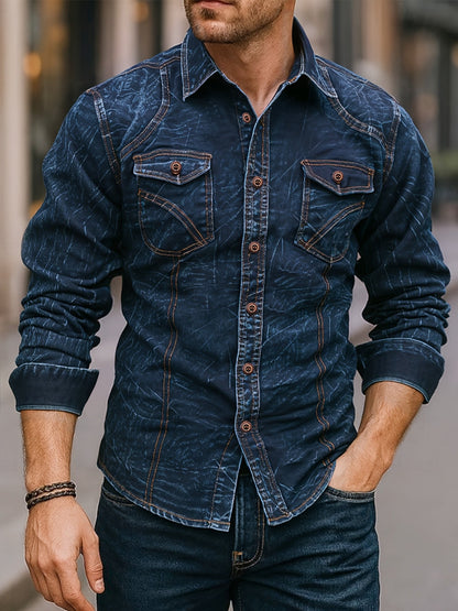 Herenoverhemd met lange mouwen, blauw, used-look, met borstzakken