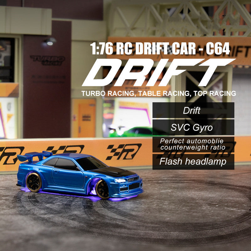 1:76 RC driftbil C64 – turbo racermodelbil til drenge fra 14 år, fjernstyret driftbil med gyro og LED-forlygter