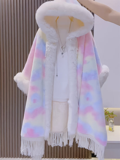 Bunter Cape mit Kapuze und Fransen aus Plüschmaterial