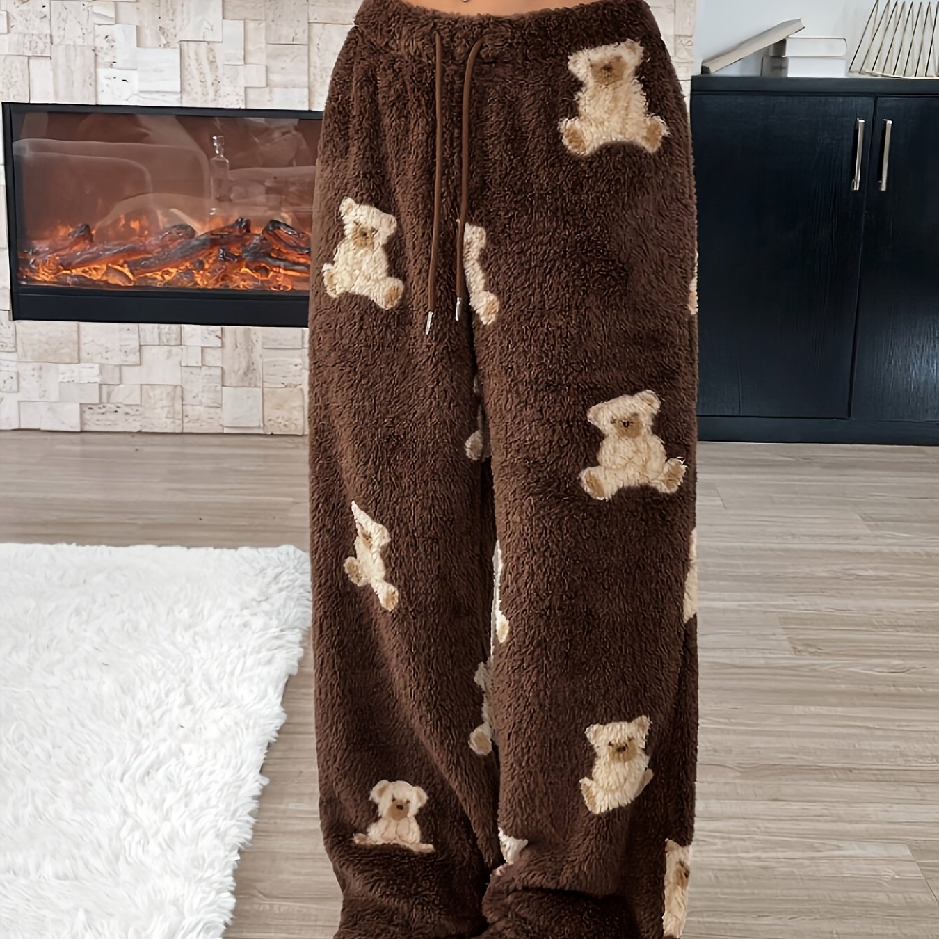 Damen Plüschhose mit Teddybär-Muster, Braun, Weites Bein, Elastischer Bund