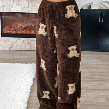Damen Plüschhose mit Teddybär-Muster, Braun, Weites Bein, Elastischer Bund