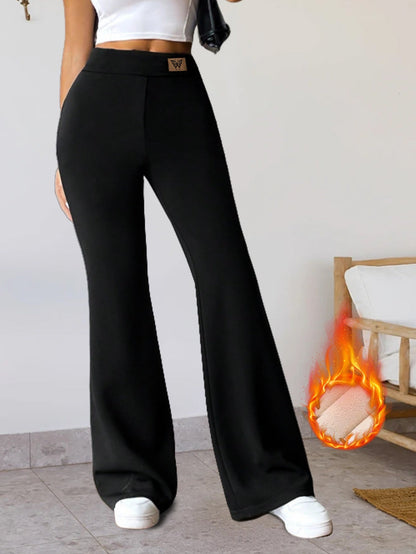 Pantaloni termici da donna a zampa, neri, con fodera calda, gamba svasata e vita alta
