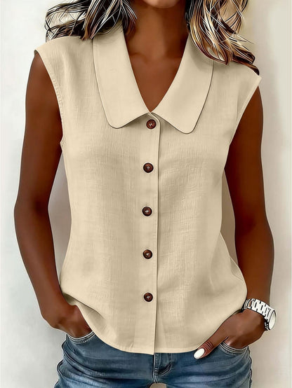 Blouse sans manches pour femme avec patte de boutonnage et grand col – Style décontracté élégant pour le quotidien et le bureau
