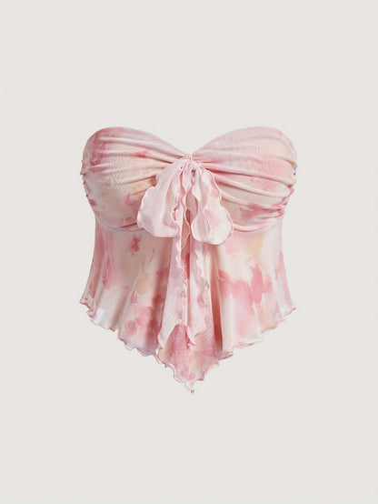 Top bandeau de mujer con estampado de acuarelas y dobladillo asimétrico – Atuendo de moda para fiestas y verano