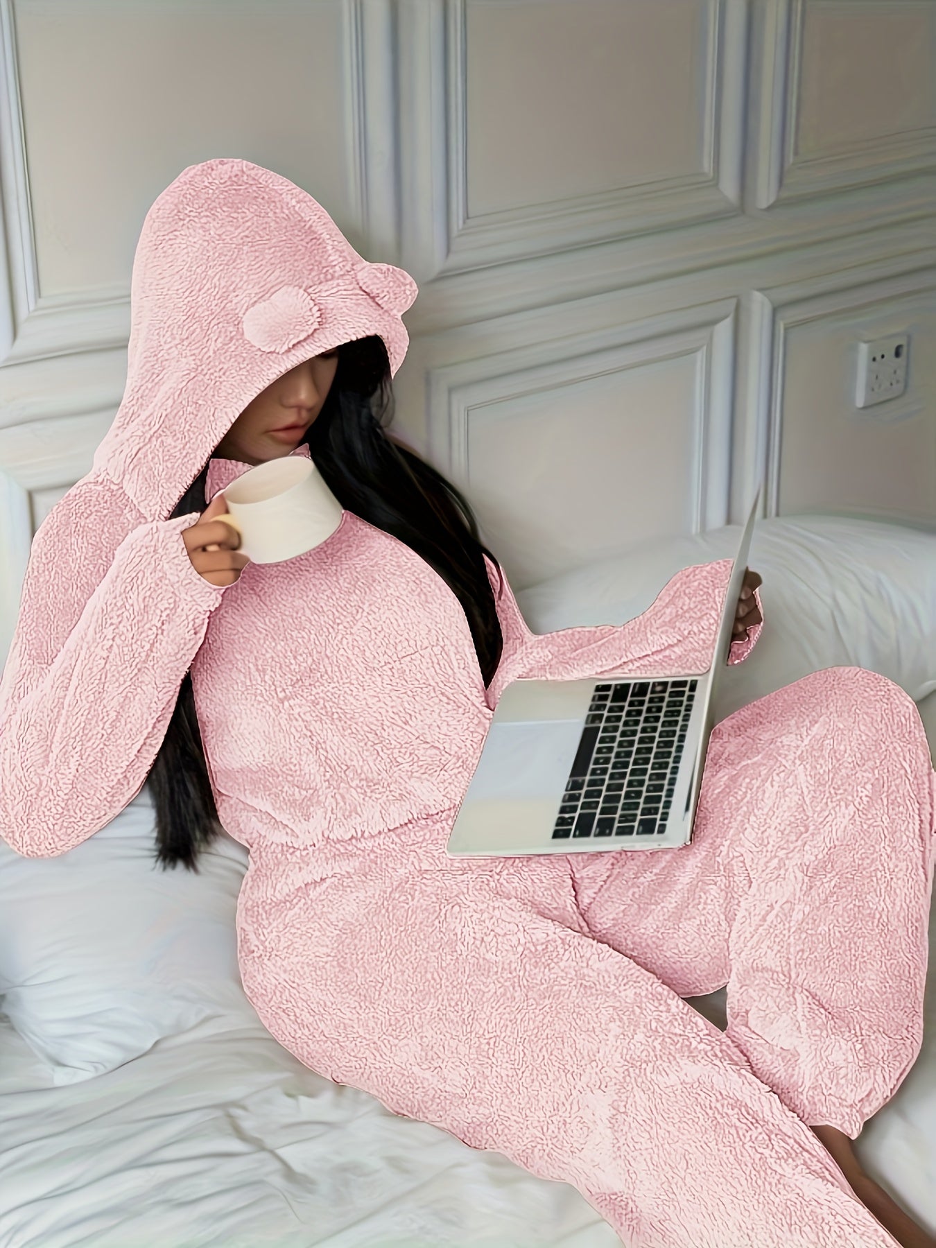 Damen Kuscheliger Fleece Pyjama Hausanzug mit Kapuze und Ohren