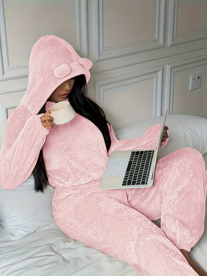 Damen Kuscheliger Fleece Pyjama Hausanzug mit Kapuze und Ohren