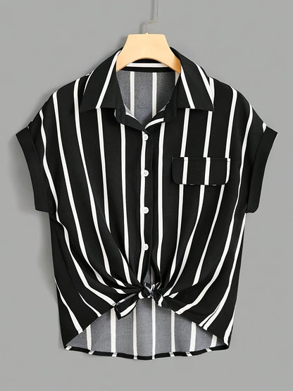 Damen Kurzarm Bluse mit Streifen und Knotenfront – Eleganter Sommer-Look