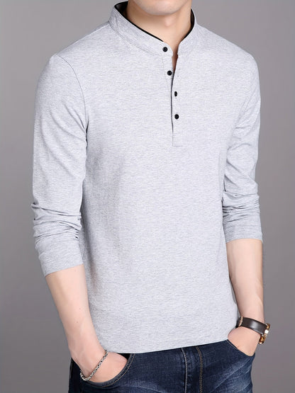 Herren Langarm Poloshirt Stehkragen Henley Stil